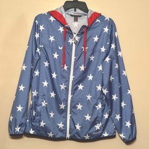 Eddie Bauer Women's Momentum Light Jacket Printed Hooded Large Red White Chambry